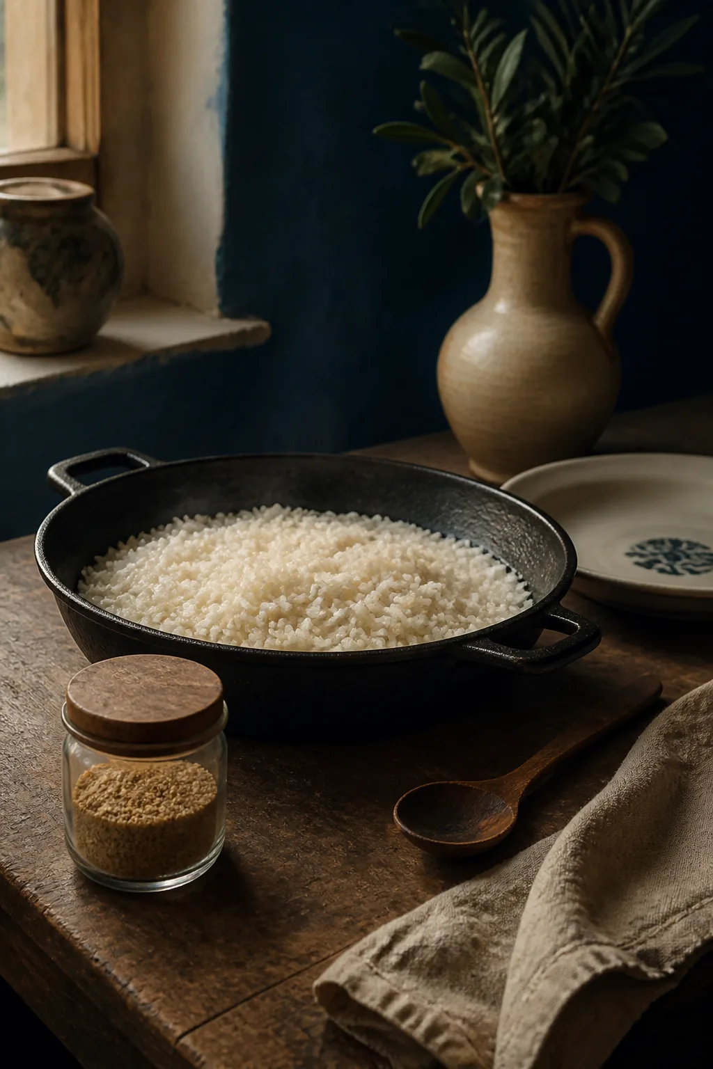Sartén de arroz blanco y un tarro de condimento sobre una encimera de cocina tradicional.